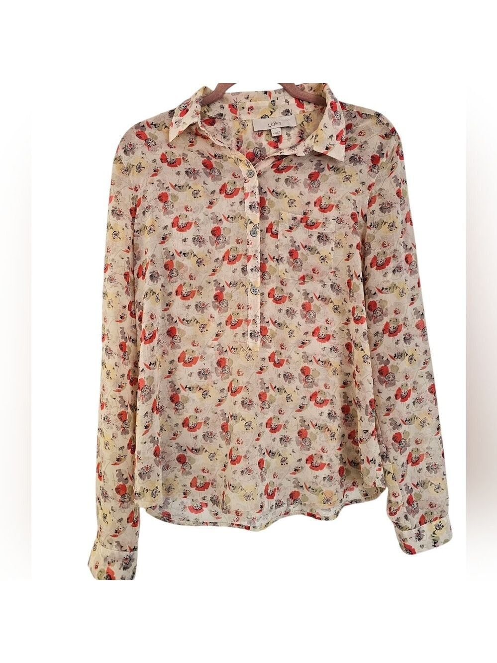 LOFT by ANN TAYLOR Floral Print Button Down Sheer Blouse Size Medium